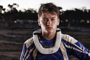 Sports, mud and portrait of man biker on offroad in gear for race, challenge or competition....