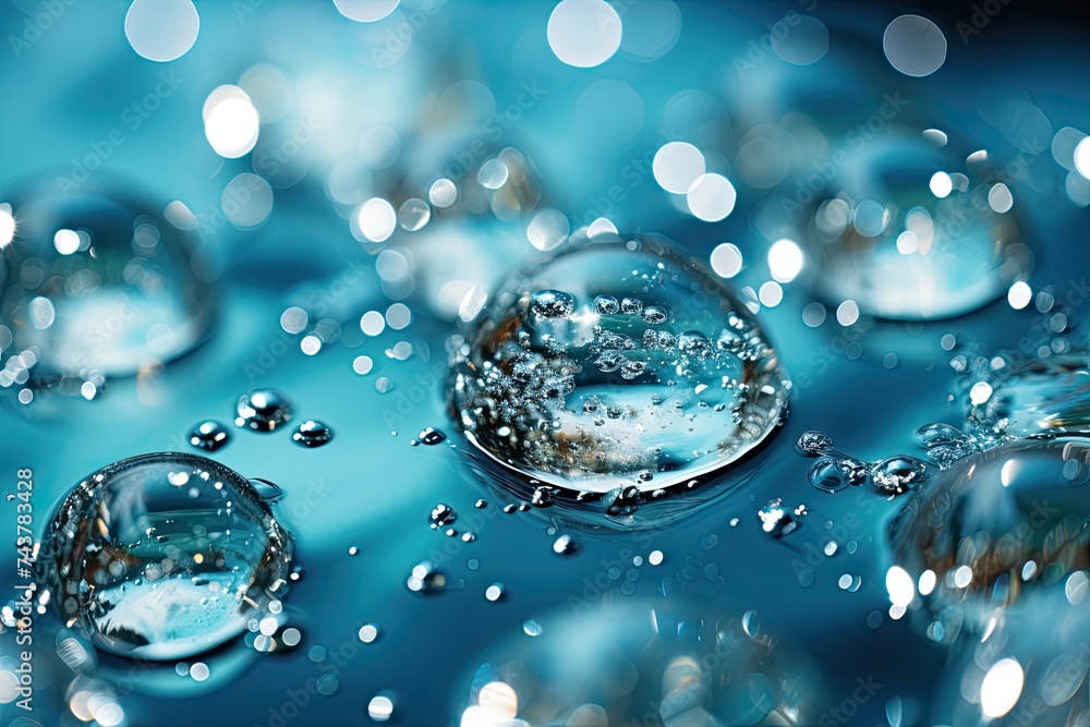 Aufkleber crystal-clear water droplets delicately rest upon the vibrant blue surface, creating a stunning disp