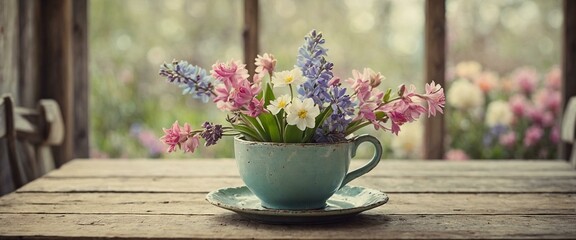 A delicate still life of fresh cut flowers in a pastel tea cup sits atop a wooden table, adding a touch of spring and tranquility to the indoor space
