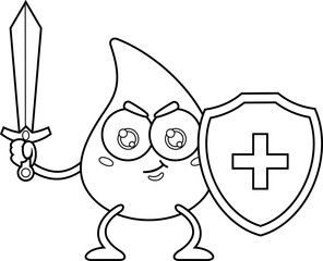 Outlined Cute Blood Drop Cartoon Character Guards With Shield And Sword. Vector Hand Drawn Illustration Isolated On Transparent Background