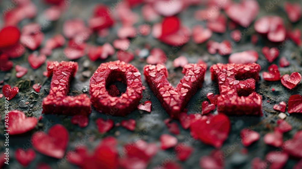 Poster the word love stands out in bright red letters against the dark black surface, creating a striking a