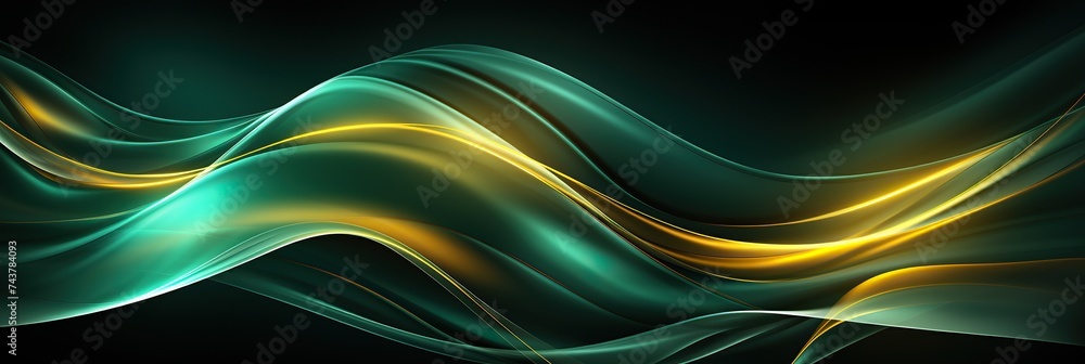 Fototapete Green and yellow wavy lines intertwine dynamically on an abstract background, creating a mesmerizing visual dance of colors