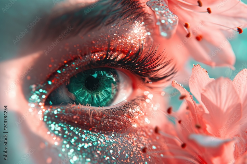 Poster persons eye adorned with shimmering glitter, reflecting light and creating a mesmerizing and enchant