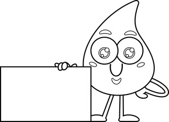Outlined Cute Blood Drop Cartoon Character Holding A Blank Sign. Vector Hand Drawn Illustration Isolated On Transparent Background