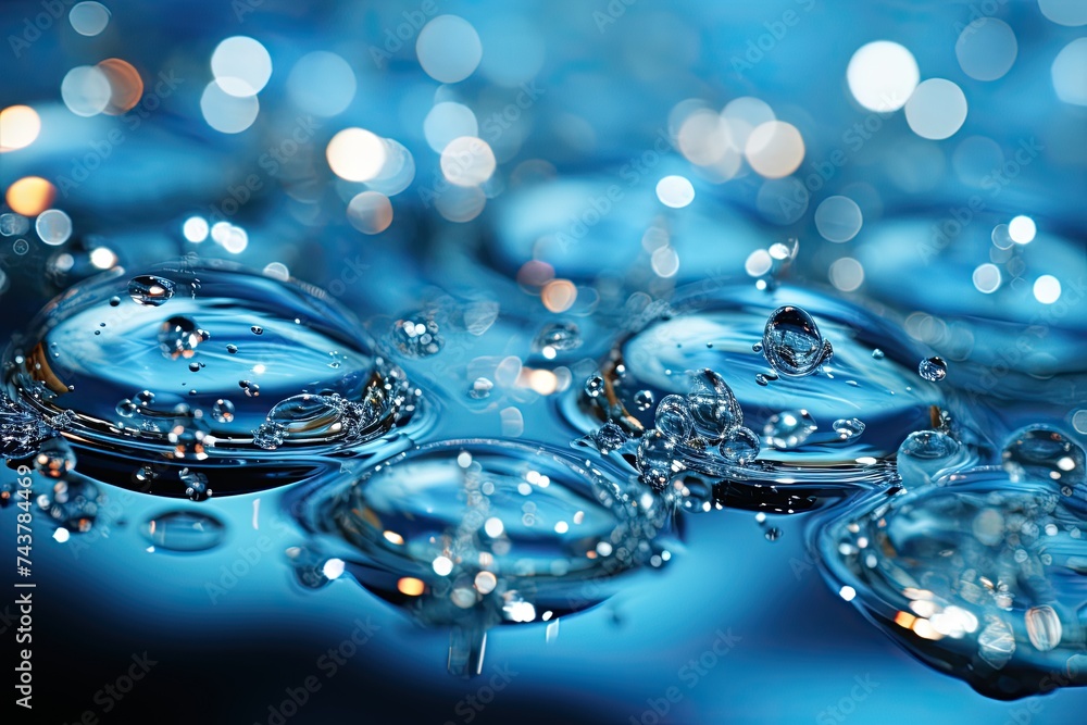Poster a mesmerizing scene unfolds as a group of water droplets gracefully float on top of a serene blue su