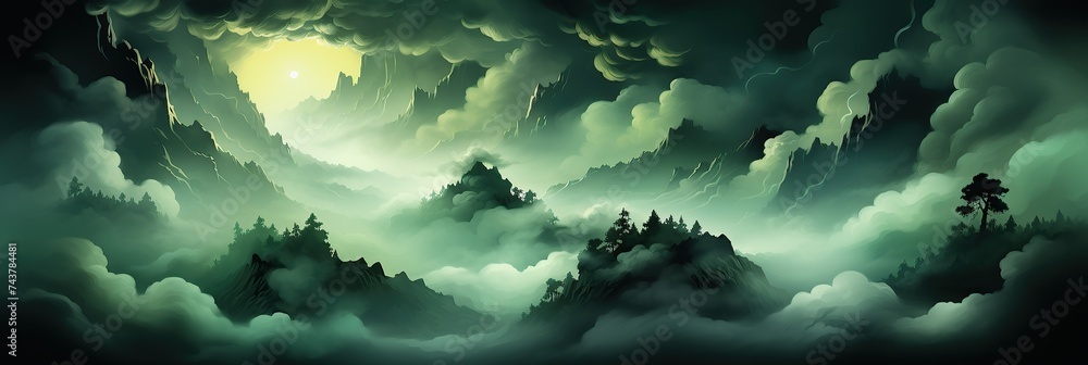 Poster A mesmerizing painting capturing a mountain scene under the glow of a full moon, creating a tranquil and mystical atmosphere