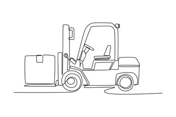 One line drawing of side view of forklift carrying boxes. Courier cargo delivering vehicle transportation concept. Single continuous line draw design