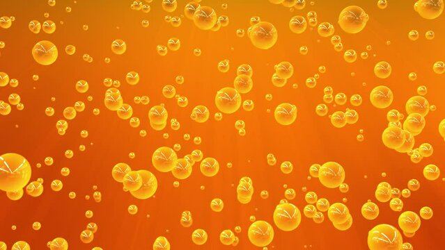 Seamless loop animation of transparent orange bubbles smoothly floating up on a shiny background. Bright and positive screensaver with juicy animation of soft drink water. 3D render, 4k video, 60 fps