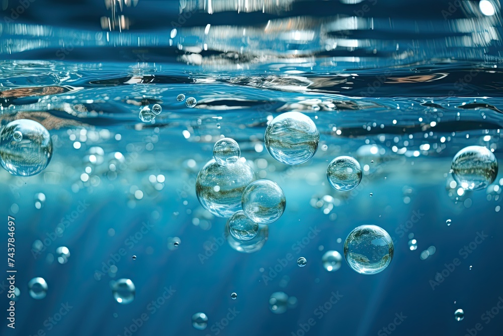Aufkleber A mesmerizing group of bubbles of various sizes and shapes gracefully floating in the water, creating a whimsical and enchanting scene