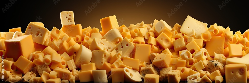 Poster a harmonious arrangement of various cheeses stacked on a wooden table, showcasing a colorful and tex