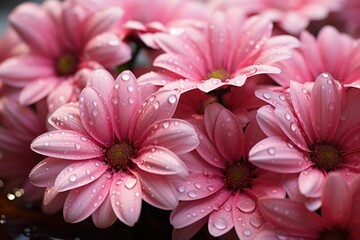 A cluster of vibrant pink flowers glisten under the gentle touch of dew drops, adding a magical sparkle to their delicate petals