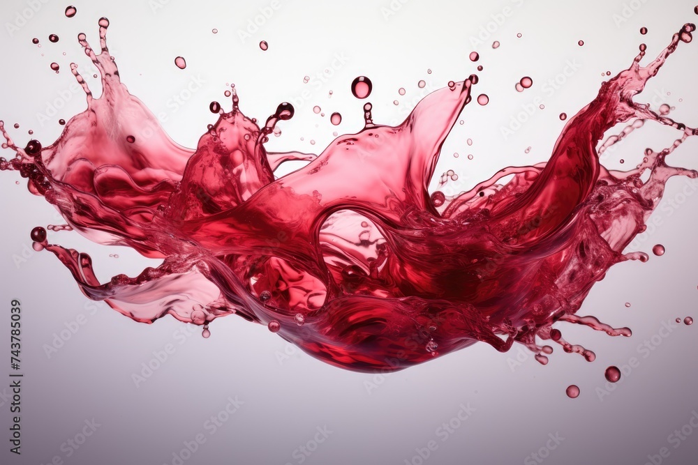Poster a vibrant red liquid splashes dynamically into the water, creating ripples and mixing with the clear