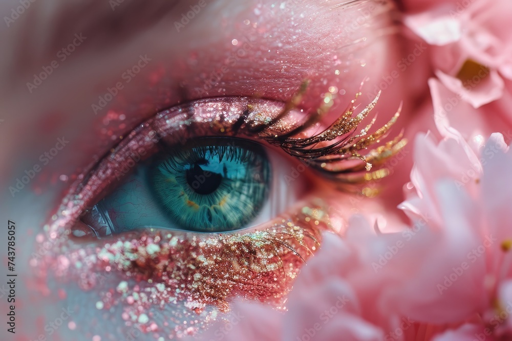 Poster persons eye adorned with glitter, creating a mesmerizing and enchanting visual effect