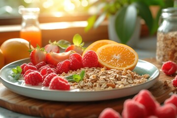A morning sunshine-filled photo capturing a delicious bowl of granola topped with fresh fruit.