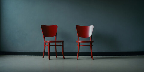 Two red chairs in a room against a gray wall.