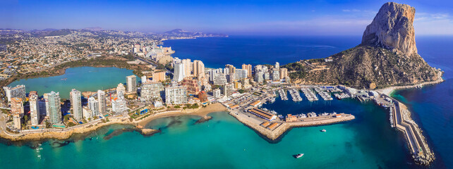 Costa Blanca, Spain. Aerial drone panoramic view of coastal city Calpe with great beaches. Alicante province. - 743785298