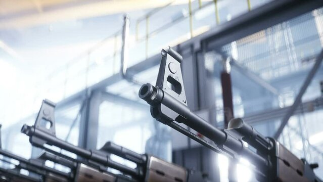 Russian machine gun AK 47 production factory. War concept. Realistic 4k animation.