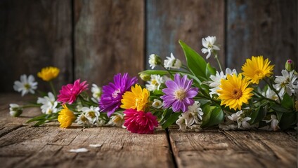 Obraz na płótnie Canvas Vibrant chrysanths and delicate cut flowers arranged on a rustic wooden surface, capturing the essence of floristry and bringing the beauty of nature indoors