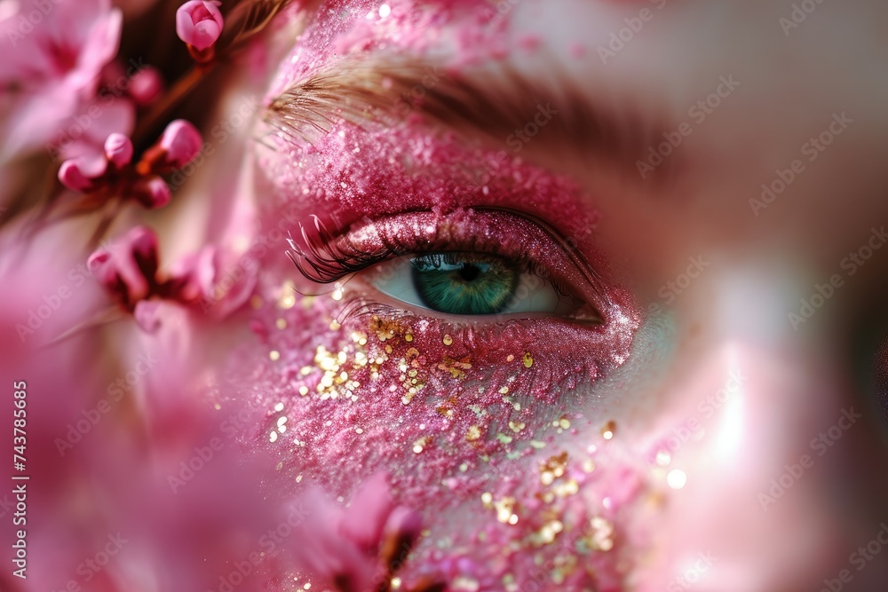 Poster a captivating close-up shot of a persons eye with delicate pink flowers reflecting in their gaze, cr