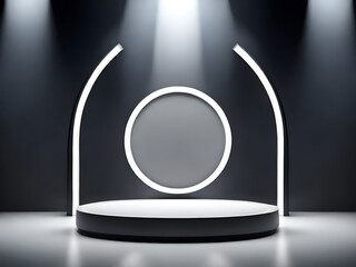 Black and white podium with overhead lighting, circular lighting and a dark background.