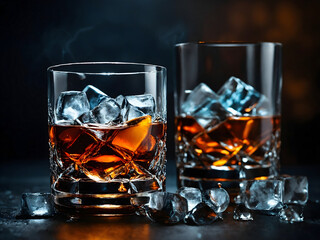 Two glasses of whiskey with ice cubes on the table, strong drinks.