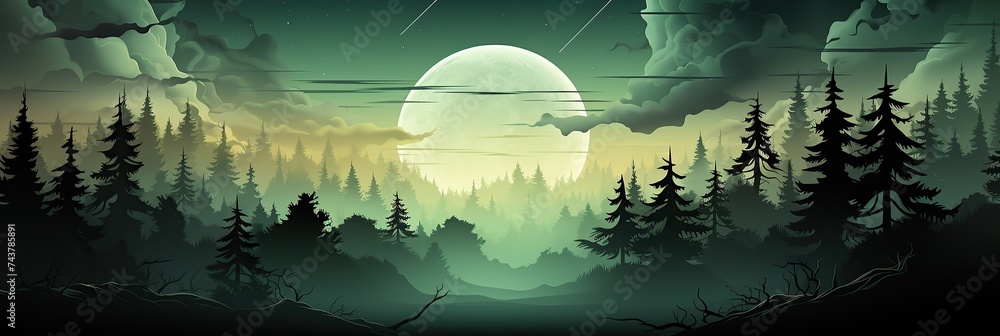Aufkleber a peaceful forest scene at night with a full moon illuminating the towering trees, casting shadows o