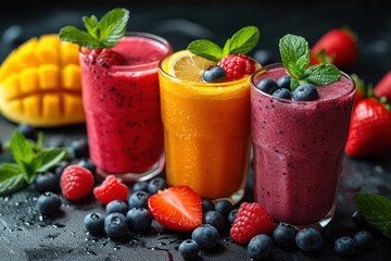 Three glasses filled with various fresh fruit smoothies in a modern and stylish setting.