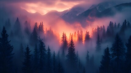 Pink Sunrise on a foggy forest in the mountains. colorful pink sunset in misty mountains - Powered by Adobe