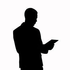Black silhouette, tattoo of a man with tablet on white isolated background. Vector.