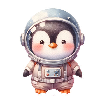 Cute watercolor animal character as an astronaut clipart of penguin