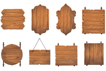 Naklejka premium Set Collection of empty Wooden signs PNG isolated on a white and transparent background - wooden billboard announcement or plank commercial sign business display
