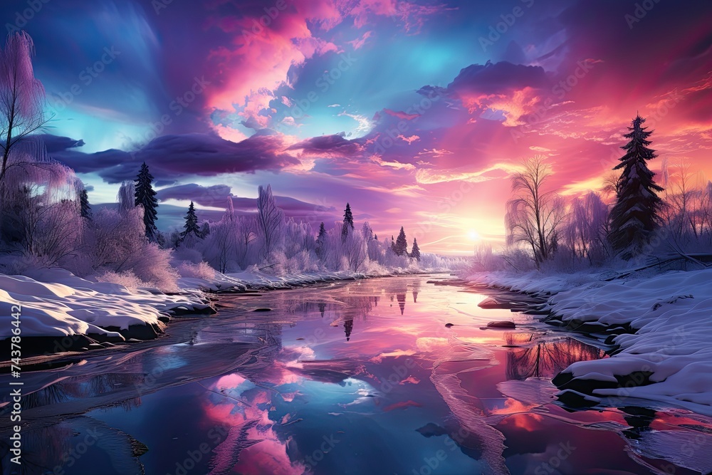 Poster a mesmerizing painting capturing a stunning sunset illuminating the icy surface of a river, creating