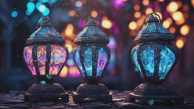ramadan decoration with arabic lantern in the night. seamless looping time-lapse virtual 4k video animation background.