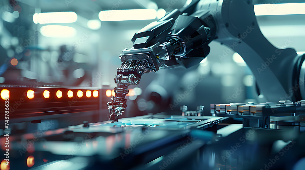 Poster close up robotic arm working in hi tech technology factory for complex product assembly automation