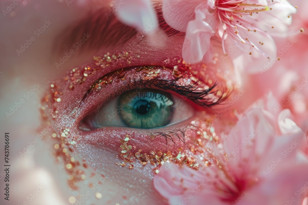 Poster close up of a eye with delicate pink flowers reflected in their iris, creating a whimsical and dream
