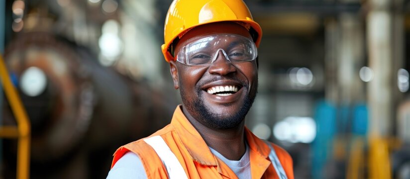 An African American engineer in a steel factory wearing a uniform, safety glasses, and a hard hat, smiling confidently.