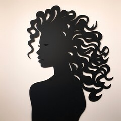 Black silhouette, tattoo of a woman with long hair on white isolated background. Vector.