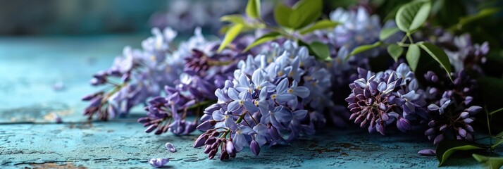 A cluster of vibrant lilac flowers arranged neatly on a bright blue table, creating a visually...