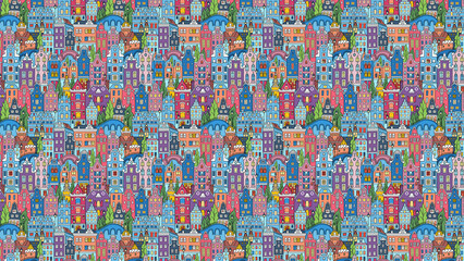 pattern with colorful city scene textile fabric print design	damask seamless