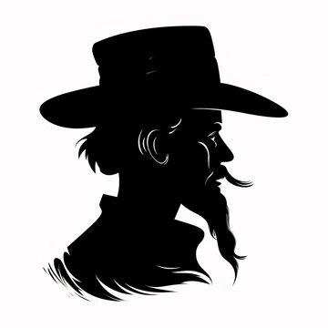 Black silhouette, tattoo of a head of a man wearing a hat with a beard on white isolated background. Vector.