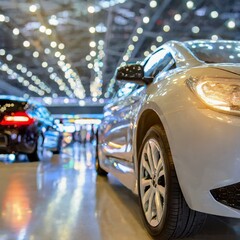 A display of new luxury cars in a showroom, with elegant light bokeh adding to the ambiance of a...