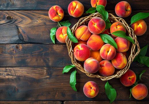Fresh peaches fruits with leaves in basket on dark wooden rustic background, top view