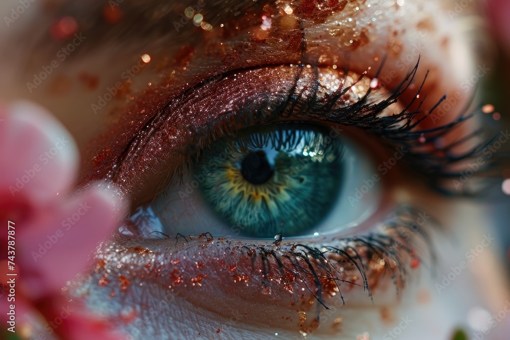 Aufkleber close-up view of a persons eye with shimmering glitter delicately placed on the eyelid, creating a captivating and mesmerizing effect