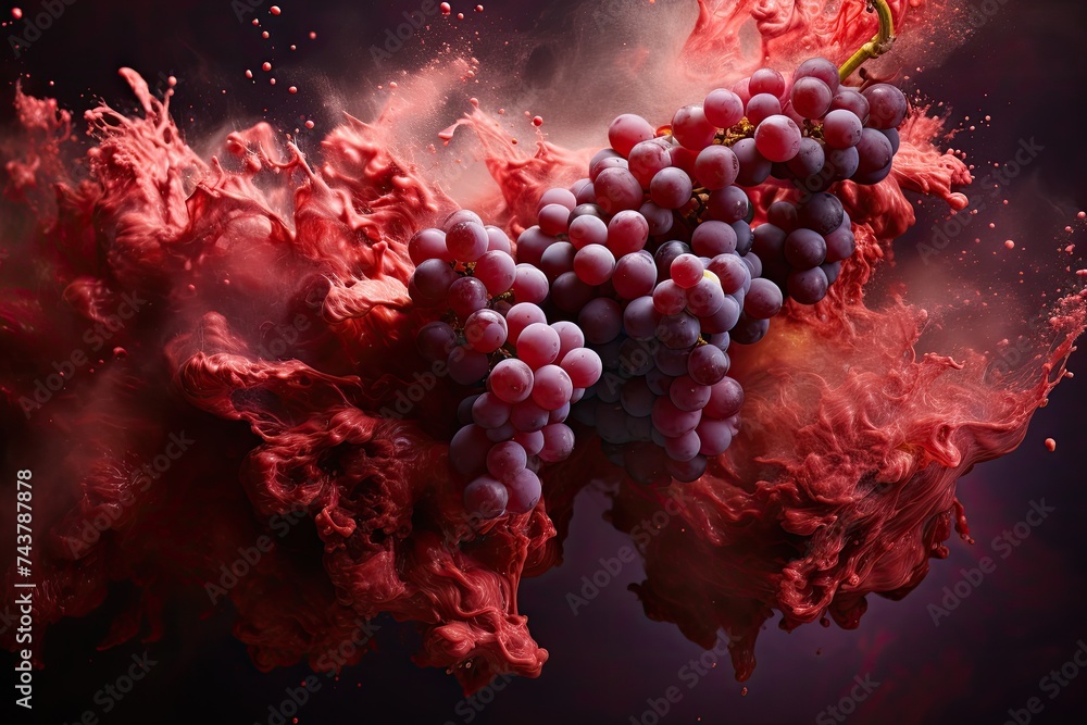 Poster a whimsical bunch of grapes magically floating in the air, creating an ethereal and dreamlike scene