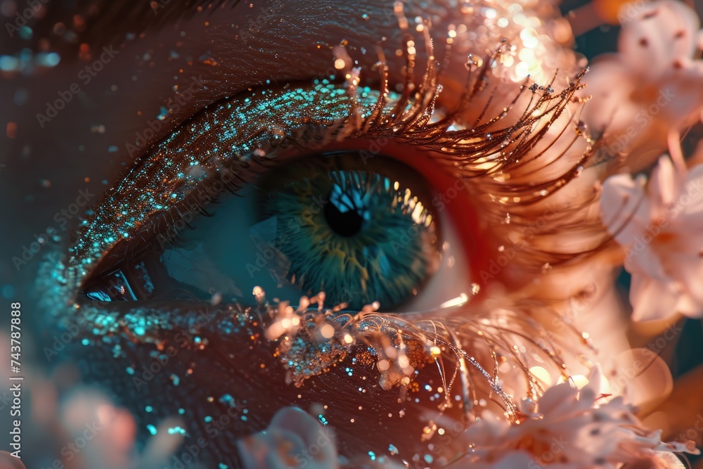 Poster a striking close-up of a persons vivid blue eye, capturing every intricate detail and depth of color