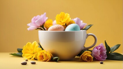 Obraz na płótnie Canvas Easter egg and spring flowers in a cup of tea on a yellow background, creative Easter holiday concept, minimalism for postcard design.