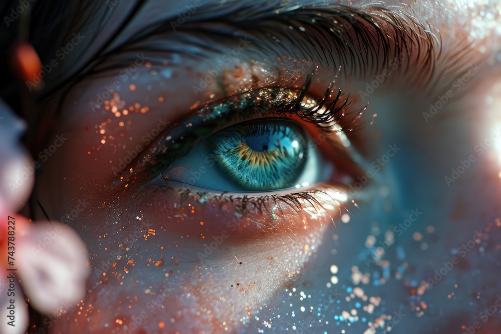 Poster this close-up photo showcases a persons eye adorned with sparkling glitter, creating a mesmerizing a