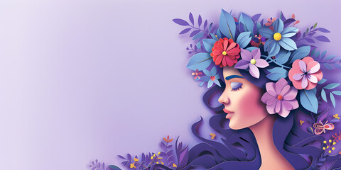 Illustration vector paper cut woman with flowers on head on purple pastel background