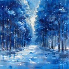 Obraz premium A road through a winter forest watercolor clipart