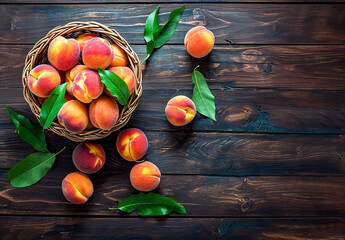 Fresh peaches fruits with leaves in basket on dark wooden rustic background, top view